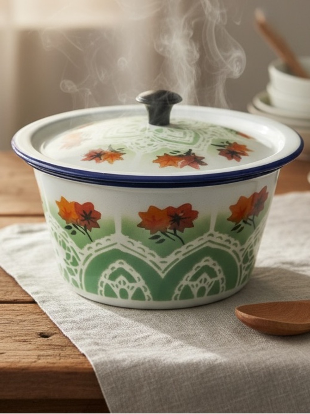 Vintage Bumper Harvest Enamelware Lidded Pot White Green Floral Lacework